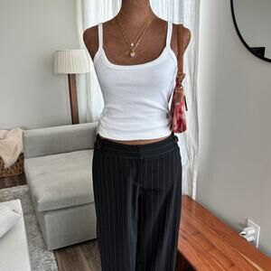 2000s Vintage Bebe Black Pinstripe Wide Leg Pant V-Back Waist Buckle Size 4